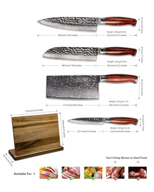 YARENH Cleaver Knife Set with Magnetic Block, Damascus Stainless Steel,73 Layers, 5 Piece Professional Sharp Kitchen Knife Set for Chef, Full Tang, Sandalwood Wood Handle - Image 5