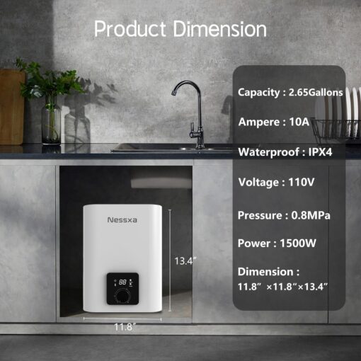 2.65 Gallon Electric Mini Tank Water Heater, 110V 1500W Instant Hot Water Heater, Compact Electric Storage Water Heater, Point of Use On Demand Under Sink Water Heater for Home Kichen Bathroom - Image 6