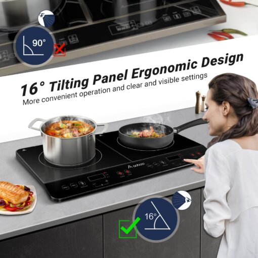Aobosi Double Induction Cooktop Burner with 240 Mins Timer, 1800w 2 Induction Burner with 10 Temperature 9 Power Settings, Portable Dual Induction Cooker Cooktop with Touch Sensor Control & Child Safety Lock - Image 5
