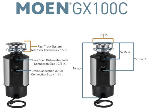 Moen GX100C Chef Series 1 HP Continuous Feed Garbage Disposal with Sound Reduction, Disposer Power Cord Included - Image 5