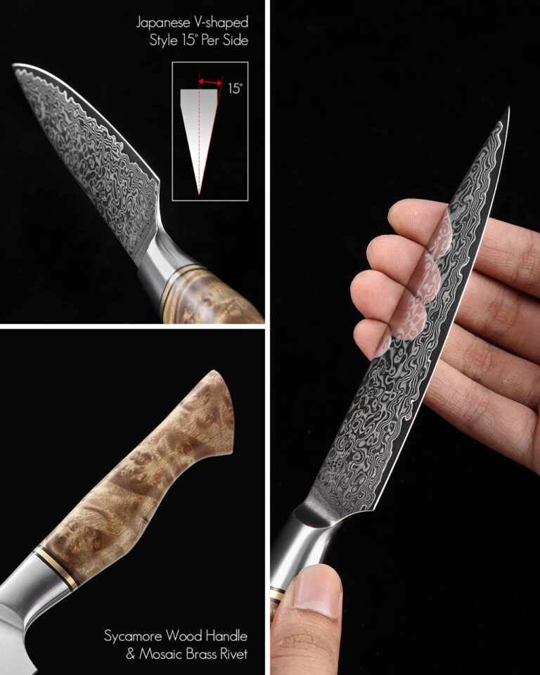 HEZHEN Damascus Kitchen Knives Set, Damascus Steel Japanese Style Chef Knife Utility Knife Santoku Knife,Figured Sycamore Wood Handle - Image 5