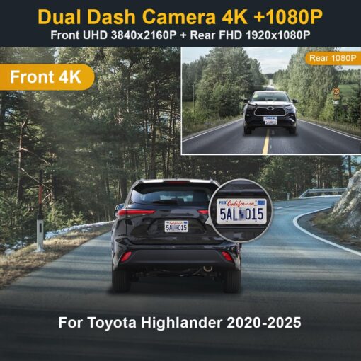 Fitcamx Front 4K+Rear 1080P Dash Cam for 2020-2025 Toyota Highlander LE Limited L XLE XSE Platinum (Gen4/UX70), OEM Look, Dual HD Video, WiFi & APP, Loop Recording, G-Sensor, Easy to Set, 128GB Card - Image 7