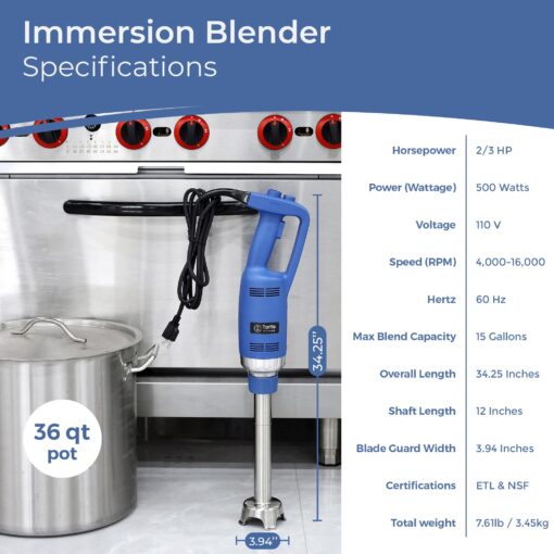 TK Commercial Immersion Blender, 500 Watt/.5 HP Variable Speed Motor, 16,000 RPM Heavy Duty with Performance Assurance - 12" - Image 8