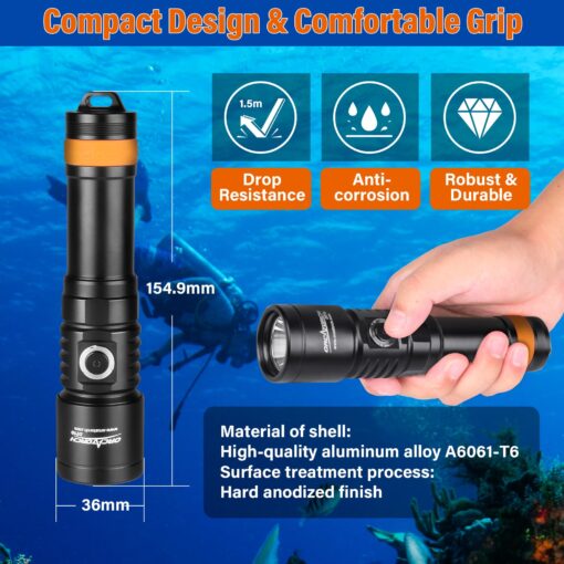 ORCATORCH D710 Scuba Diving Light, 3000 Lumens Super Bright Underwater Flashlight with 6 Degrees Narrow Beam, IP68 Waterproof Night Dive Torch 150 Meters Submersible Light (Black) - Image 4