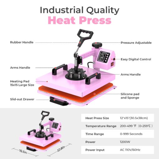 12x15 Heat Press with 30 OZ Tumbler Attachment, 5 in 1 Heat Press Machine for T Shirts, Tumblers Glass Cans Mugs Hats and Plates - Image 3