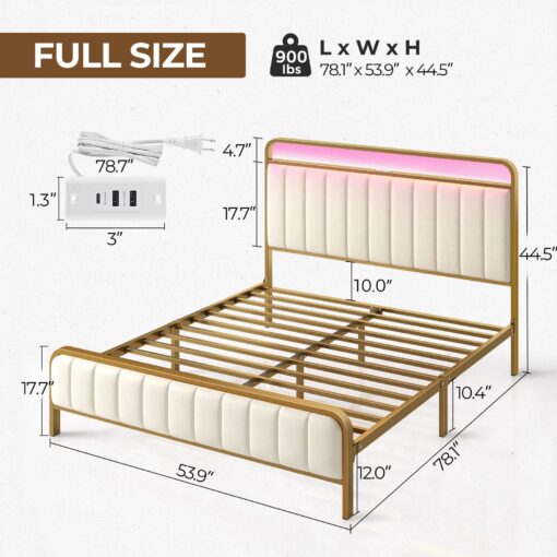 Rolanstar Full Size Bed Frame with LED Light and Charging Station, Upholstered Headboard and Footboard, Metal Slat, Noise Free, Easy Assembly, Golden - Image 5