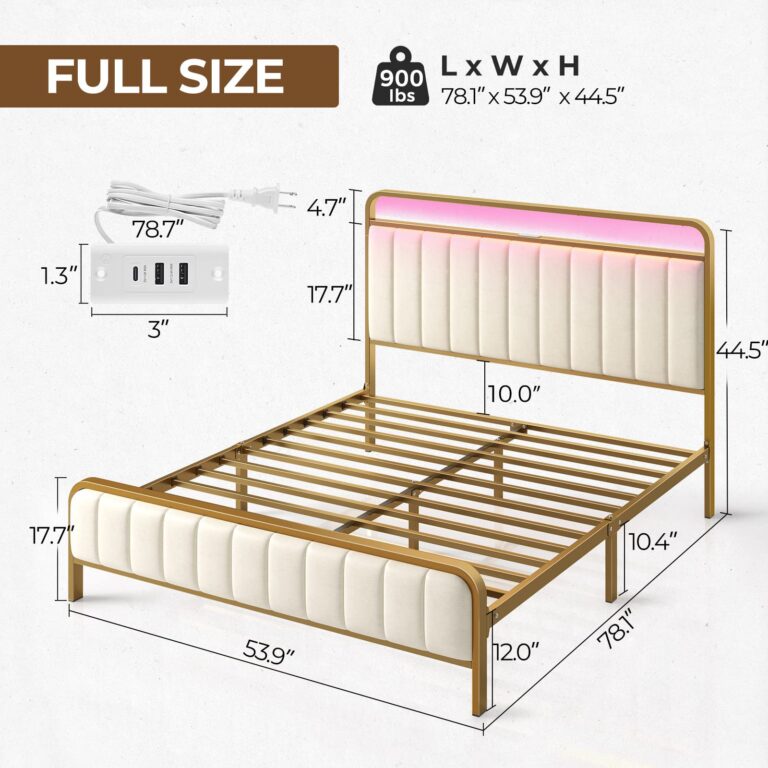 Rolanstar Full Size Bed Frame with LED Light and Charging Station, Upholstered Headboard and Footboard, Metal Slat, Noise Free, Easy Assembly, Golden - Image 5