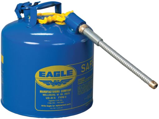 Eagle 5 Gallon Type II Blue Safety Gas Can for Kerosene with Flame Arrester, Self-Closing Lid, and 12" x 7/8" Flexible Metal Hose, Made in the USA, Galvanized Steel Flammable Storage Can, U251SB