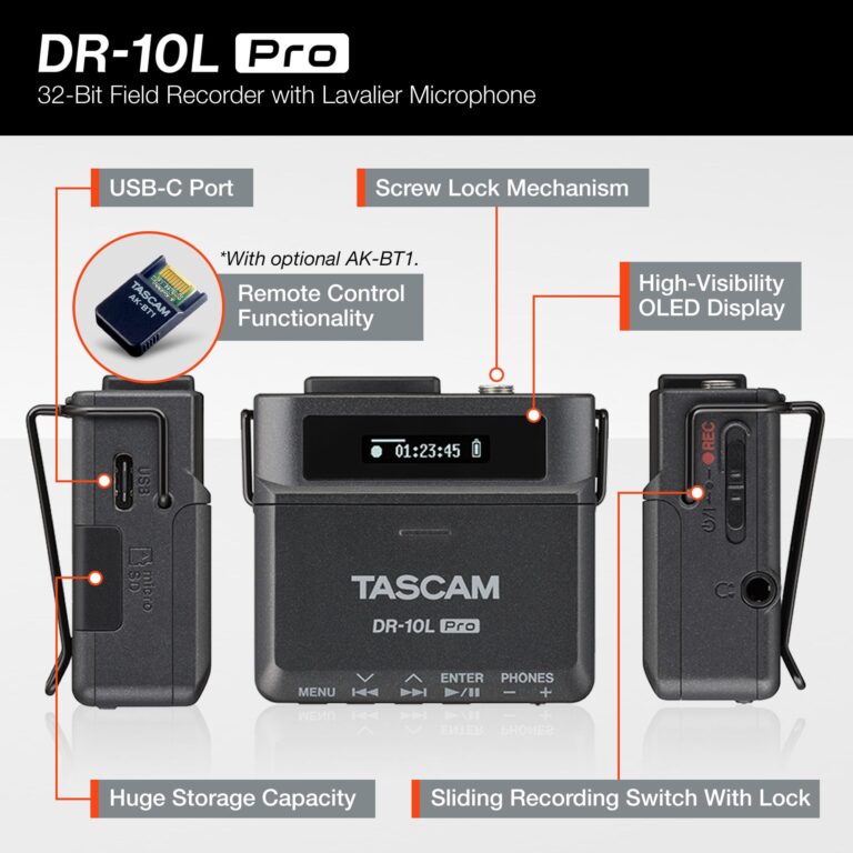 TASCAM DR-10L Pro Ultra Portable Personal Recorder with Lavalier Microphone, 32-bit Float Recording, microSDHC Card Support, and Support for Atomos Wireless Timecode - Image 8