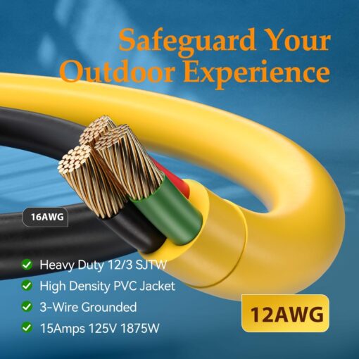 BBOUNDER 300 FT Super Size Outdoor Extension Cord Waterproof, 12/3 SJTW Heavy Duty 15A 1875W, Flexible 100% Copper 3 Prong Cords for Commercial Use and High Power Appliance, Yellow - Image 7