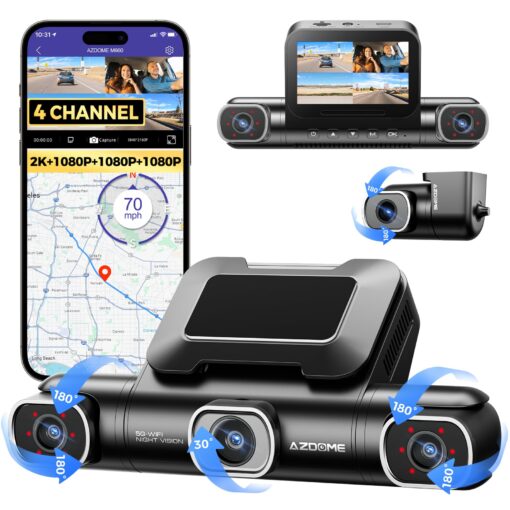AZDOME 360° 4 Channel Dash Cam with 4 Adjustable Lenses, 128GB eMMC, 2K+1080P*3 Dashcam Front and Rear Inside Left Right, 5G WiFi Dash Camera for Cars, IR Night Vision, Parking Mode, M660