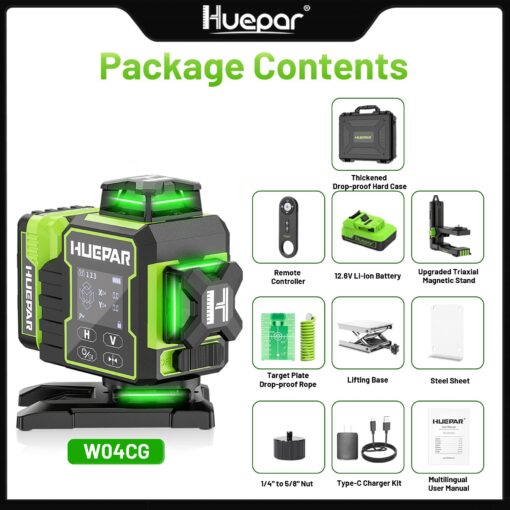 Huepar Laser Level 360 Self Leveling, W04CG Upgraded 4x360° Bluetooth Construction Lazer Leveler Tool with Electric Rotating Base ＆ Large LCD Screen, 4D 16 Lines Green Cross Laser Level - Image 2
