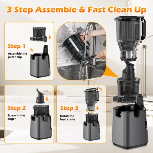 Cold Press Juicer, 6.1" Extra Large Feed Chute Juicer Machines for Whole Vegetables and Fruits, 350W Slow Masticating Juicer Machines Easy to Clean, High Juice Yield (Titanium Gray) - Image 2