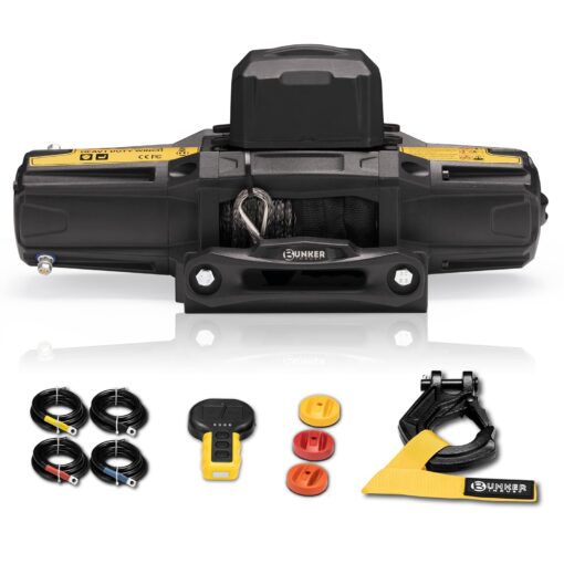BUNKER INDUST 6000lb Electric Winch 12V Waterproof with Synthetic Rope Hawse Fairlead Kit for Offroad UTV ATV,Recovery Winch with Both Wireless Handheld Remote and Corded Control