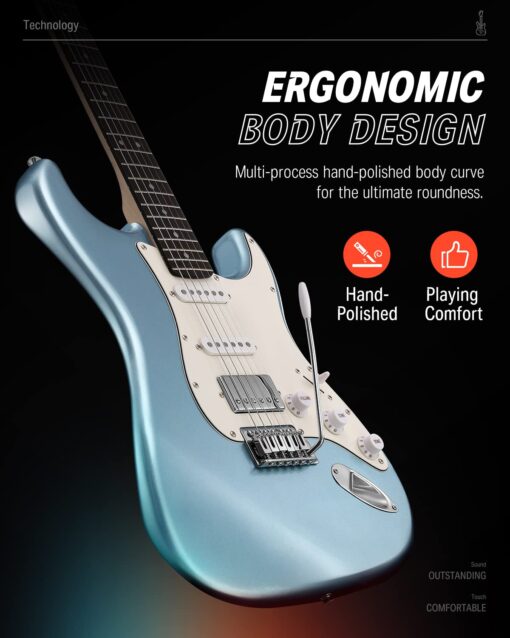 Donner DST-152R Electric Guitar, 39" Beginner Electric Guitar Kit, HSS Pickup with Coil Split, Guitar Starter Set with Amp, Bag, All Accessories, Metallic Ice Blue - Image 6