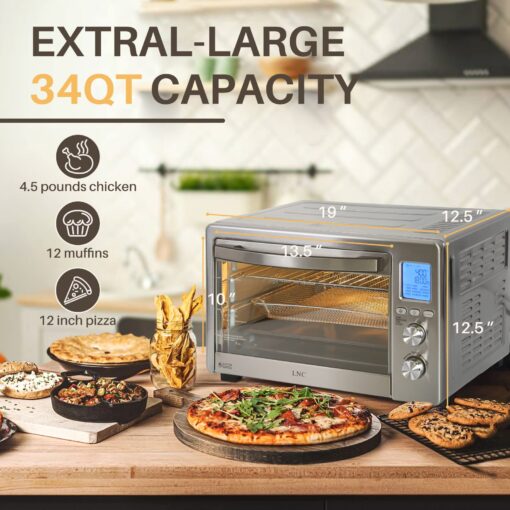 Air Fryer Oven Combo, 34QT Extra Large 1750W Toaster, 12" Pizza Convection Countertop, 12-in-1 Large Rotisserie With 4 Accessories, Stainless Steel, Silver - Image 8