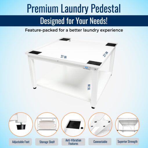 EZ Laundry - Laundry Pedestal for Washer/Dryer, 27" Anti-Vibration Steel Stand with Adjustable Feet Elevates 16", Includes Drain Pan & Hose (White) - Image 8