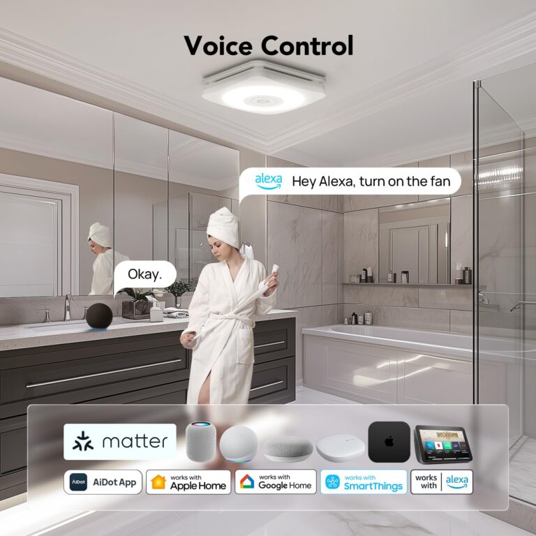 OREiN Matter Smart Bathroom Exhaust Fan with Light, 110/160 CFM 0.8/1.0 Sones Bathroom Fan with Bluetooth Speaker, Exhaust Fans with Humidity Sensor & Remote, APP Control, 1500lm 2700k-6500k Dimming - Image 9