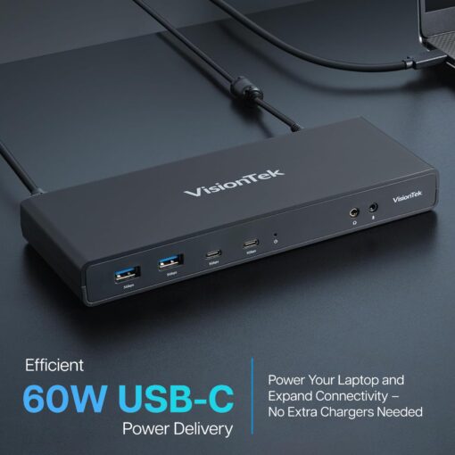 VisionTek VT4500 12in1 Docking Station Dual Monitor 4K – x2 HDMI, x2 DisplayPort, 60W USB-C PD, x4 USB-A 3.0, x2 5Gbps USB-C, 3.5mm Audio Jack, & Ethernet – Compatible with Laptop, PC, and MacBook - Image 3