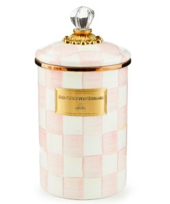 MACKENZIE-CHILDS Large Enamel Canister, Kitchen Storage Container for Flour and Sugar, 1.89 Liters, Pink-and-White Rosy Check