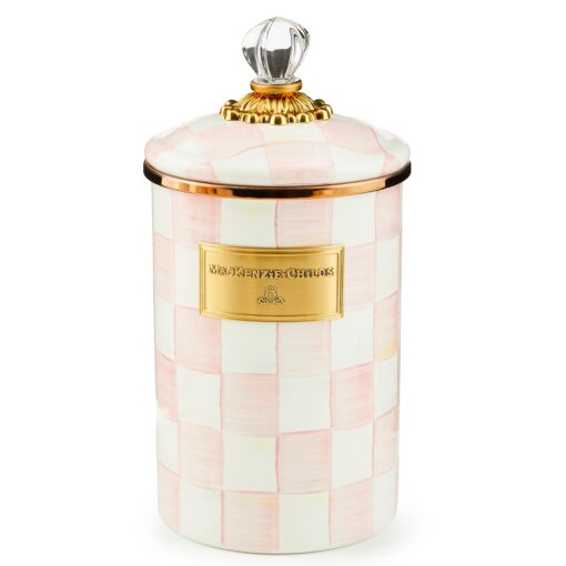 MACKENZIE-CHILDS Large Enamel Canister, Kitchen Storage Container for Flour and Sugar, 1.89 Liters, Pink-and-White Rosy Check