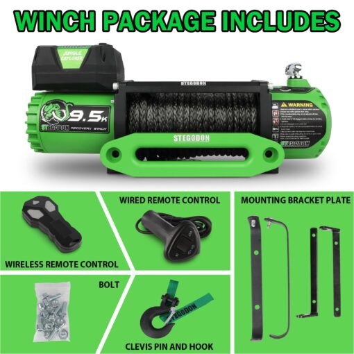 STEGODON Winch 9500lb Electric Winch 12V Winch with Synthetic Rope Car Trailer Winch with Green Hawse Fairlead Wireless Remote and Wired Handle for Truck SUV Jeep - Image 2