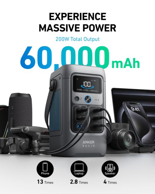 Anker SOLIX C200 DC Power Bank Station (60,000mAh) and 60W Solar Panel, 192Wh Portable Power Station, LiFePO4 Battery, 200W Solar Generator, for Outdoor, Camping, Traveling, and Emergencies - Image 7