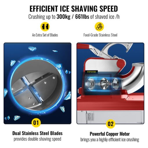 VEVOR 110V Commercial Ice Crusher 661LBS/H, ETL Approved 300W Electric Snow Cone Machine with Dual Blades, Stainless Steel Shaved Ice Machine with Safety On/Off Switch for Family, Restaurants, Bars - Image 7