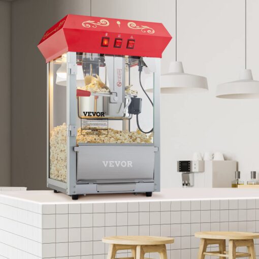 VEVOR Commercial Popcorn Machine, 8 Oz Kettle, 850 W Countertop Popcorn Maker for 48 Cups per Batch, Theater Style Popper with 3-Switch Control Steel Frame Tempered Glass Doors 2 Scoops 2 Spoons, Red - Image 3