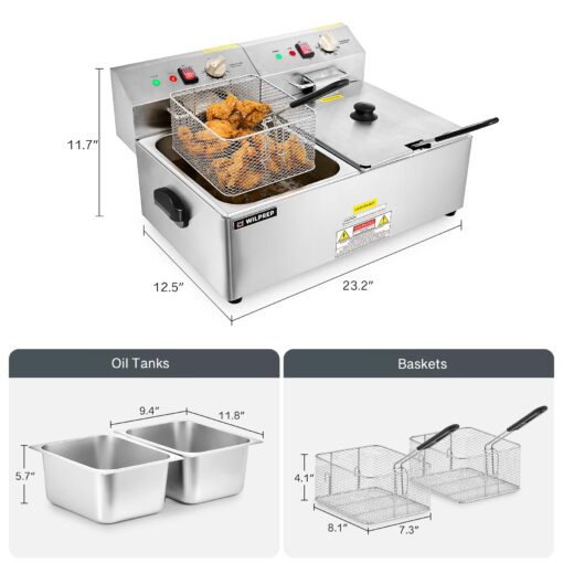 WILPREP 1600W Electric Deep Fryer, 20 lb. Commercial Deep Fryer with Dual Oil Tanks Baskets & Adjustable Temperature, Stainless Steel Electric Countertop Fryer with ETL & ETL Sanitation Certification - Image 4