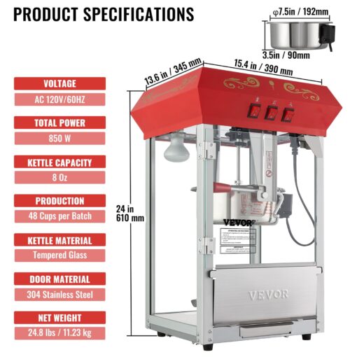 VEVOR Commercial Popcorn Machine, 8 Oz Kettle, 850 W Countertop Popcorn Maker for 48 Cups per Batch, Theater Style Popper with 3-Switch Control Steel Frame Tempered Glass Doors 2 Scoops 2 Spoons, Red - Image 4