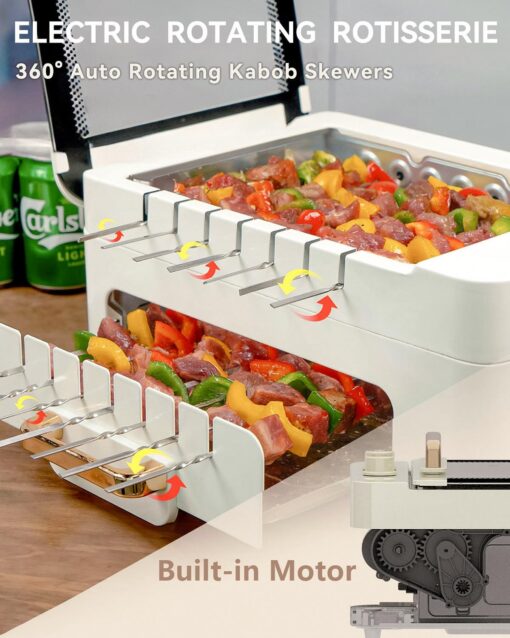 XHJ Indoor BBQ Kabob Skewers Grill,Smokeless Auto 360° Rotating Electric Barbecue Skewers Rotisserie,3 In 1 Indoor Electric Tabletop Grill with Removable Lid,Dual Zone Cooking - Image 6
