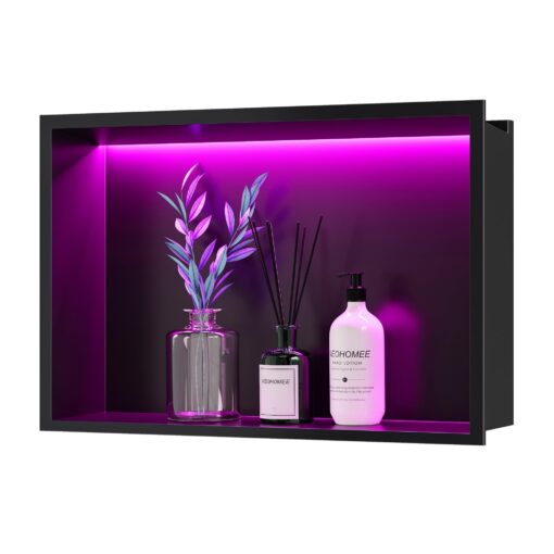 Neohomee RGB LED Light Shower Niche, Matte Black 18X12 in Stainless Steel Wall Niche with Remote Control, Waterproof No Tile Needed Wall Niche for Bathroom Storage Built-in Installation