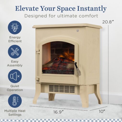 Country Living 18 Inch Infrared Freestanding Electric Fireplace Stove Heater in Cream | Provides Supplemental Zone Heat with Remote Control | Adjustable Flame Colors, Speeds, Brightness | Metal Body - Image 5