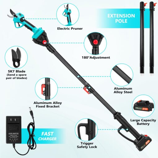 21V 2-in-1 Cordless Pole Pruning Shears, 1.6" Cutting Diameter Electric Pruning Shears with 9 ft Extension Pole, Tree Pruner with 2pcs 2.0Ah Rechargeable Lithium Battery, LCD Display Screen SK7 Blades - Image 3