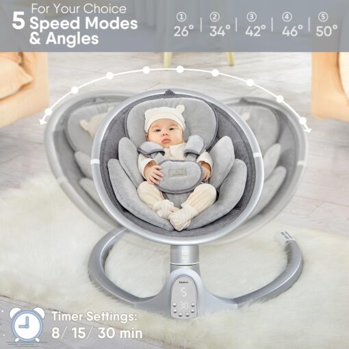 BabyBond Baby Swings for Infants, Bluetooth Infant Swing with 10 Preset Songs, 5 Point Harness Belt, 5 Speeds and Remote Control - Portable Baby Swing for Indoor and Outdoor, Aluminum - Image 8