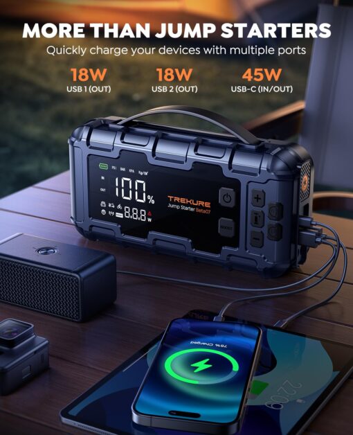 TREKURE 10-in-1 Car Battery Jump Starter with Air Compressor 6000A 160PSI 45W Charger, Jump Starter Jump Box (All Gas 12L Diesel), Car Battery Jumper Starter Portable Jumper Cables, Gloves, Lights - Image 3