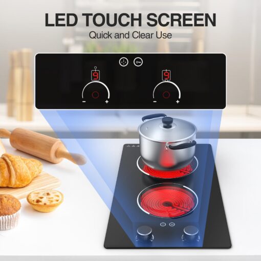 110v Electric Cooktop 2 Burners, 12'' Electric Stove Top with Plug in, GTKZW Knob Control Countertop & Built-in Ceramic Cooktop, 9 Power Levels, Child Lock, Timer, Over-Heat Protection - Image 2