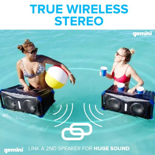 Gemini Sound SoundSplash 400W Floating Waterproof Wireless Bluetooth Speaker, LED Light Show, Dual 8” Woofers & NFC Pairing - Perfect for Pool Parties, Beach, Travel & Home Fun (Gray/Blue) - Image 4