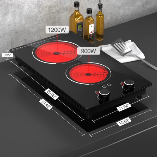 110v Electric Cooktop 2 Burners, 12'' Electric Stove Top with Plug in, GTKZW Knob Control Countertop & Built-in Ceramic Cooktop, 9 Power Levels, Child Lock, Timer, Over-Heat Protection - Image 8