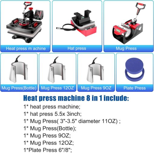 AKEYDIY 8 in 1 Heat Press Machine Professional Sublimation Machine 12" X 15" Swing Away Shirt Printing Heat Transfer Digital Industrial-Quality Heat Press Machine for T Shirts Mug Hat Plate - Image 8