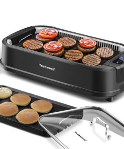 Indoor Smokeless Grill, Techwood 1500W Electric Indoor Grill with Tempered Glass Lid, Portable Non-stick BBQ Korean Grill, Turbo Smoke Extractor Technology, Drip Tray& Double Removable Plate, Black