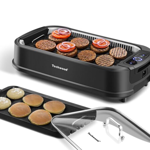 Indoor Smokeless Grill, Techwood 1500W Electric Indoor Grill with Tempered Glass Lid, Portable Non-stick BBQ Korean Grill, Turbo Smoke Extractor Technology, Drip Tray& Double Removable Plate, Black