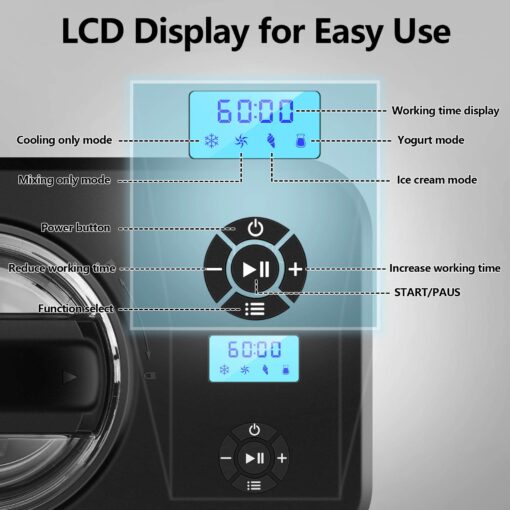 KUMIO 1.6-Quart Ice Cream Maker with Compressor, No Pre-Freezing, 4 Modes Ice Cream Maker Machine with LCD Display, Timer, Automatic Gelato & Yogurt Machine, Stainless Steel - Image 8