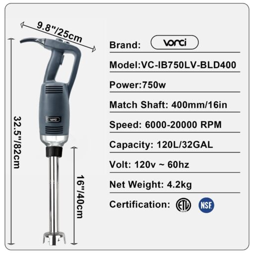 VONCI 750W Commercial Immersion Blender, Electric Hand Blender with 16" Detachable Shaft, Variable Speed 8000-19000RPM,Industrial Immersion Blender for Restaurant Kitchen.Extra Heavy Duty Hand Mixer. - Image 6
