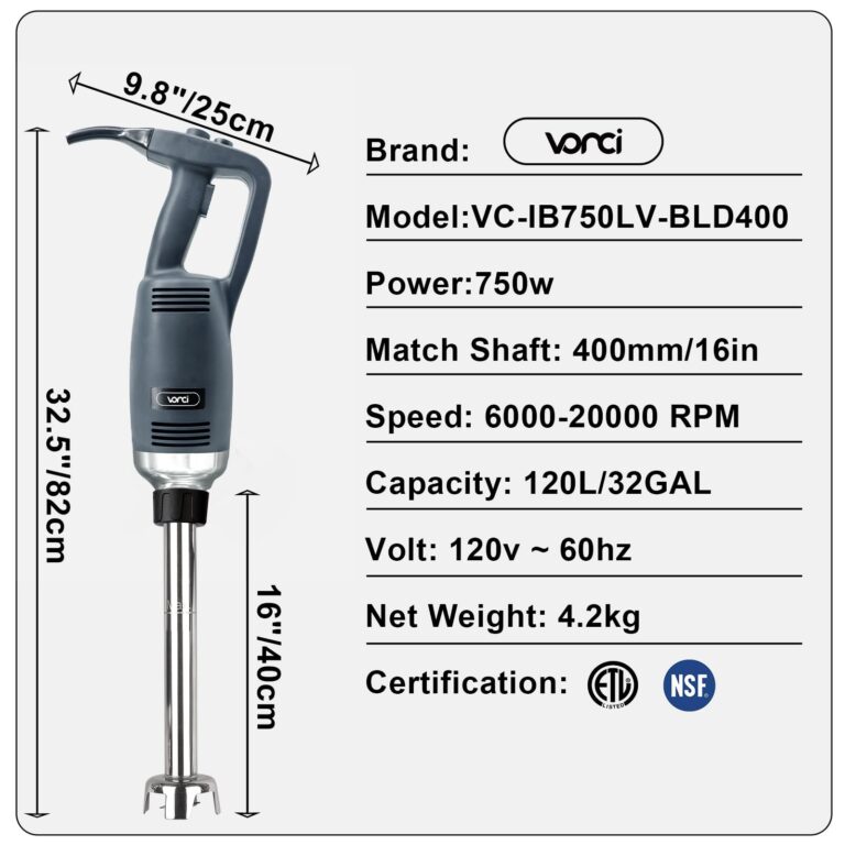 VONCI 750W Commercial Immersion Blender, Electric Hand Blender with 16" Detachable Shaft, Variable Speed 8000-19000RPM,Industrial Immersion Blender for Restaurant Kitchen.Extra Heavy Duty Hand Mixer. - Image 6