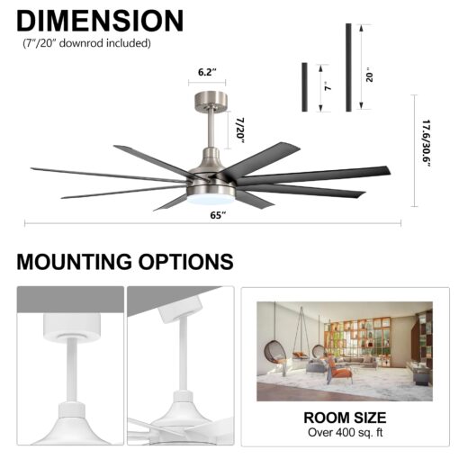 Breezary 65" Large Ceiling Fans with Lights and Remote, 8-Blade, Reversible DC Motor, 6-Speed, Timer, Industrial Ceiling Fans with Led Light Chandelier for Bedroom Office (Satin Nickel & Black) - Image 3