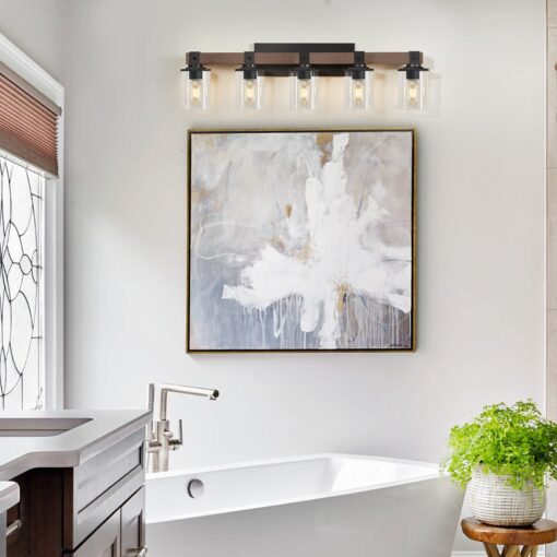 DUJAHMLAND 5-Light Farmhouse Vanity Lights,Wood Bathroom Wall Lighting with Clear Glass, Industrial Metal Wall Sconce for Bedroom, Kitchen, Hallway (Wood, 5-Light) - Image 4