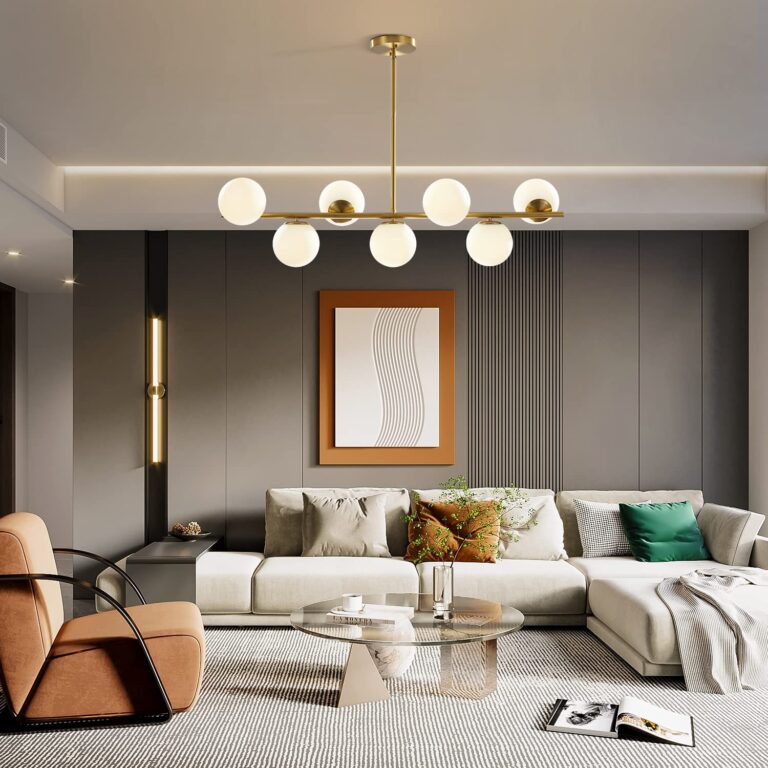 KCO Lighting Modern Brass Linear Chandelier Pendant Light 7-Lights Gold and White Glass Pendant Lighting Mid Century Globe Dining Light Fixture for Living Room Kitchen - Image 3