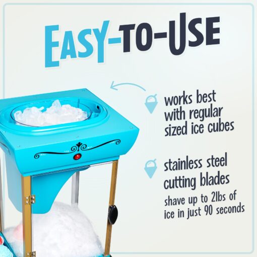 Nostalgia Snow Cone Shaved Ice Machine - Retro Cart Slushie Machine Makes 48 Icy Treats - Includes Metal Scoop, Storage Compartment, Wheels for Easy Mobility - White, Blue - Image 2